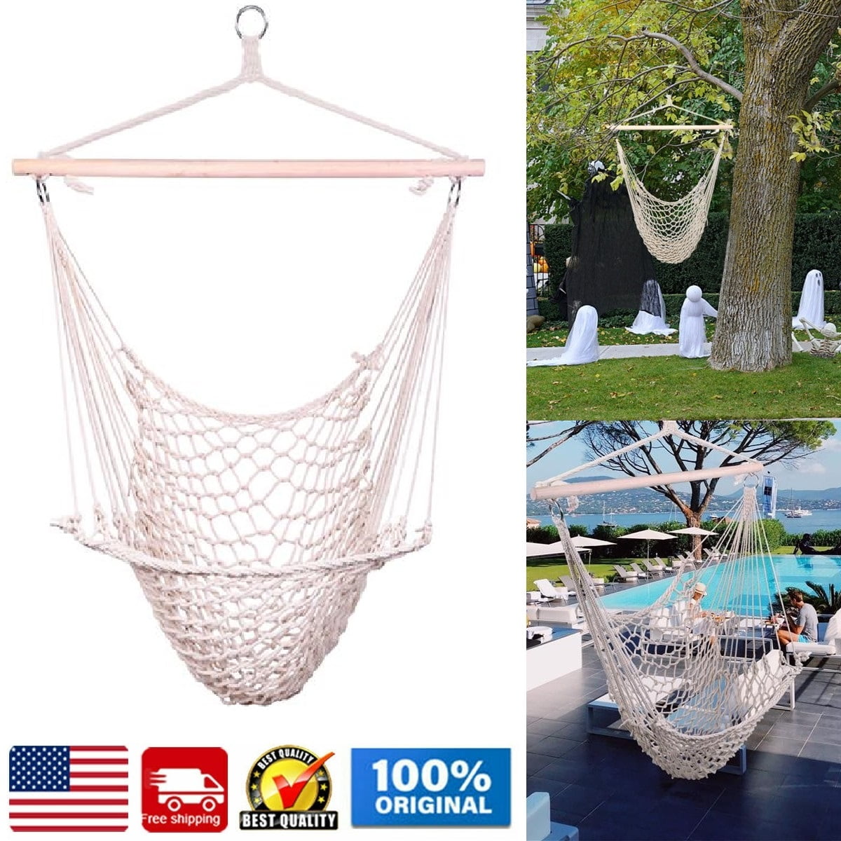 Hanging Hammock Chair Swing Rope Chair Porch Swing Seat Patio Camping Portable 