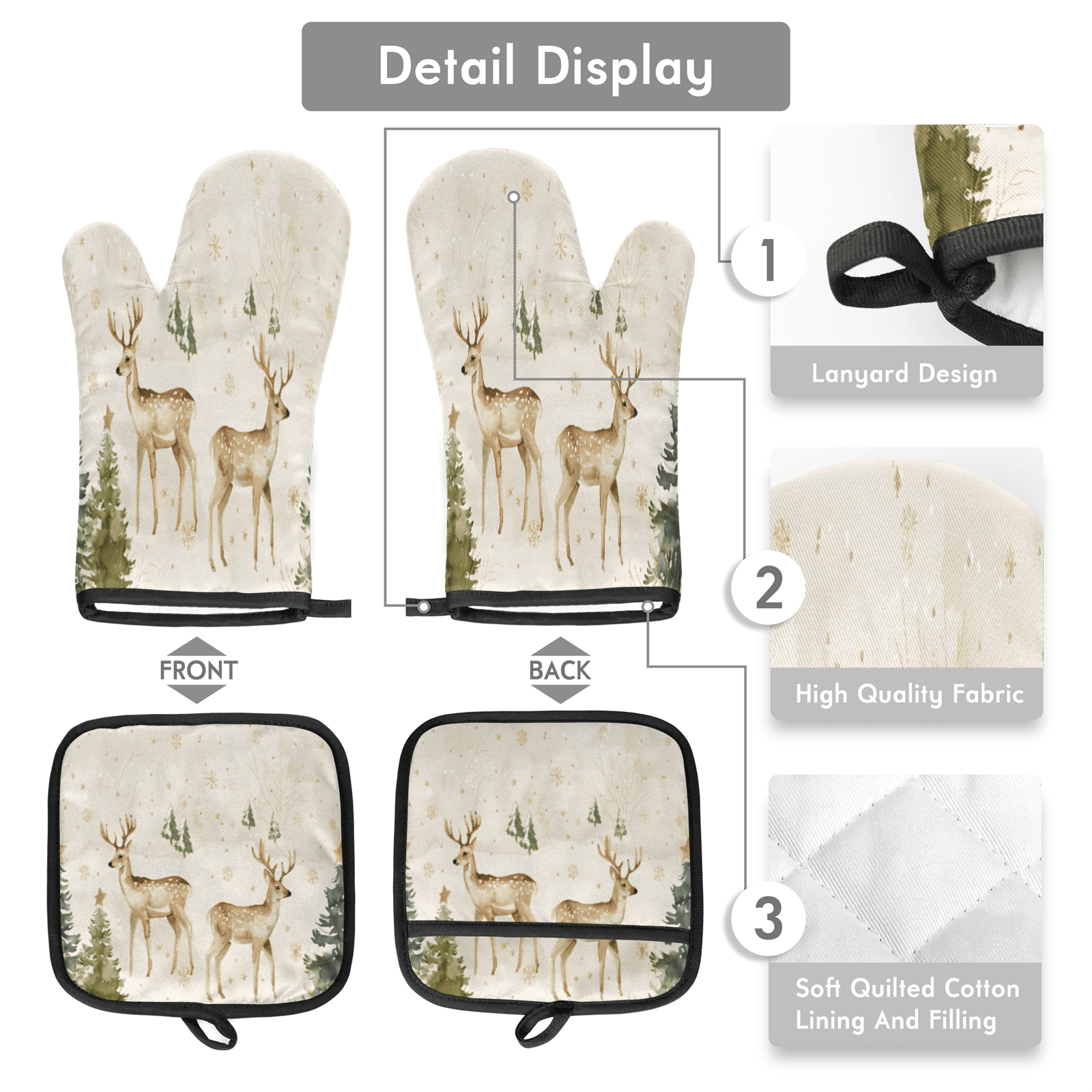 CURLYOOT Xmas Deer Animals Oven Mitts and Pot Holders Sets of 2, Non-Slip Washable Hot Pads and Oven Gloves for Kitchen Cooking Baking