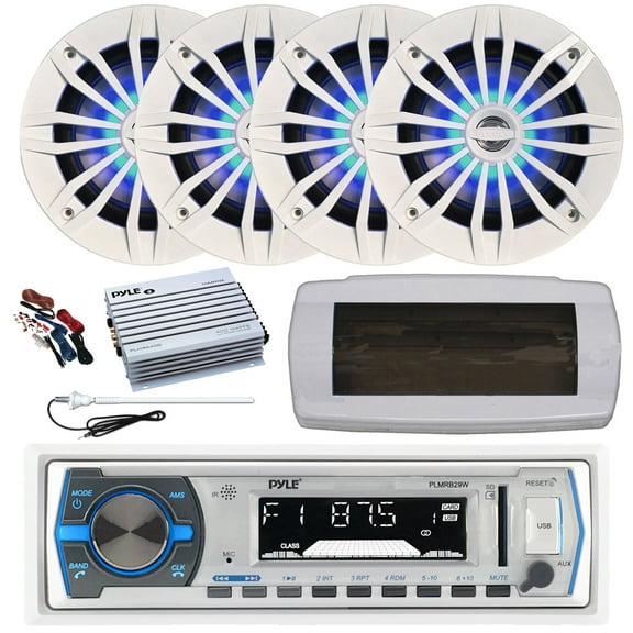Pyle PLMRB29W Single DIN Bluetooth Marine MP3 AM/FM Stereo Receiver with White Cover, Long Range Antenna, Amplifier w/Kit, 4x 6.5" 180 Watt Peak 2-Way Blue Flashing LED Boat Audio Speakers (White)