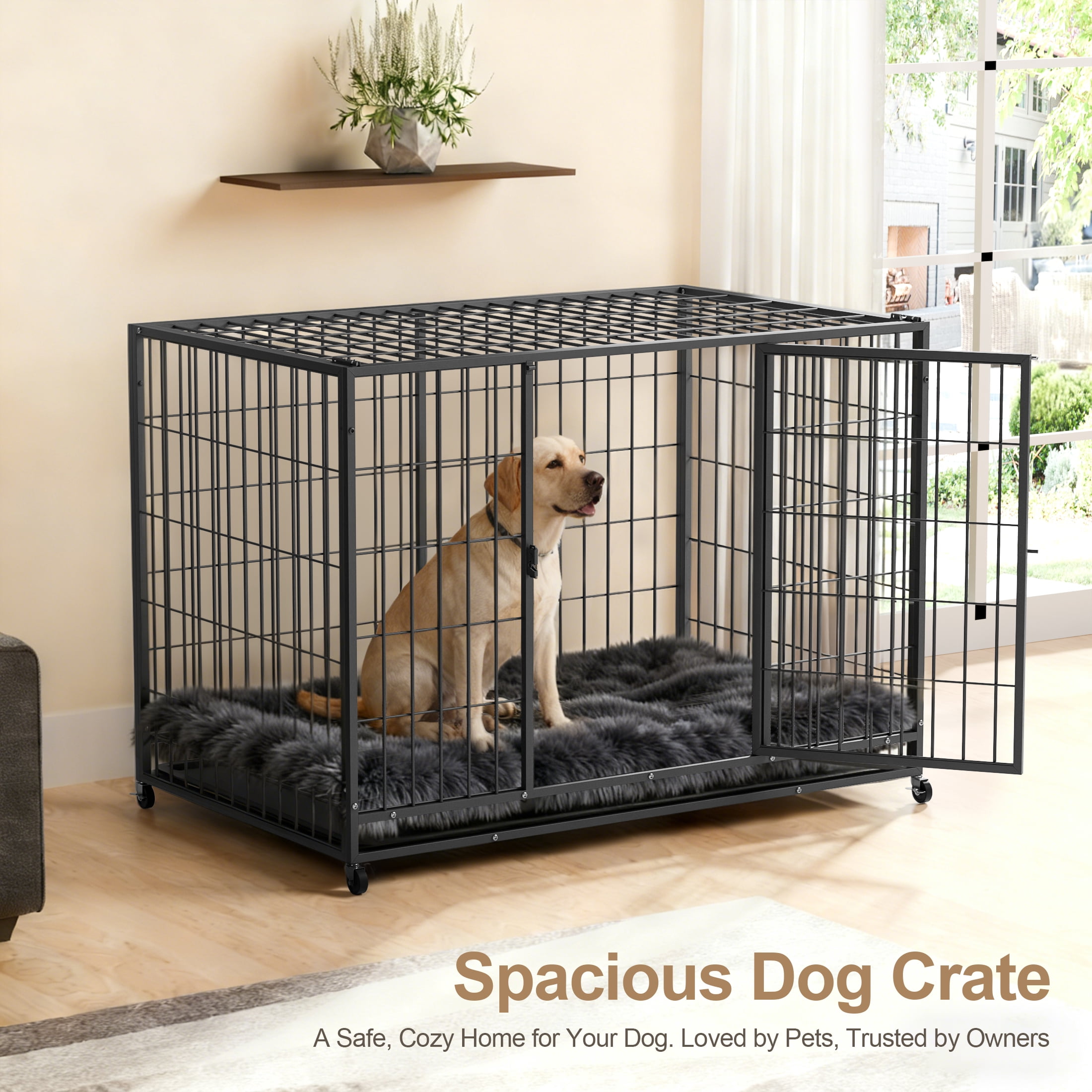 TIME RAY 48 inch Heavy Duty Metal Dog Crate for Large Dogs with RemovableTray, Double Door, Extra Large Dog Kennel for Yard Indoor Outdoor