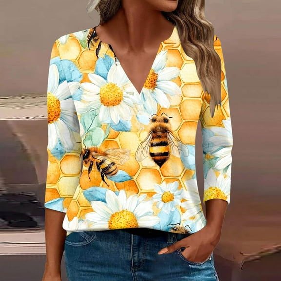 SOOMLON 3/4 Sleeve Tops for Women Plus Size Tunic Cotton Bee Festival Tops Casual V Neck Shirts Funny Honey Bee Print T Shirts 2025 Trendy Spring Summer Ladies Tops Loose Fit Outfits Pullover XL