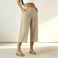 thumbnail image 4 of Women's Cotton Blend High Waisted Wide Leg Capri Pants,Casual Cropped Trousers with Pockets for Summer Wear,Beige,Women's Capri L, 4 of 7