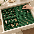 thumbnail image 3 of 4-Pack Jewelry Tray Drawer Organizer, Stackable Velvet Jewelry Storage Trays for Rings, Earrings, Necklaces and Bracelets, Green, 8.27 x 4.92 in, 3 of 7