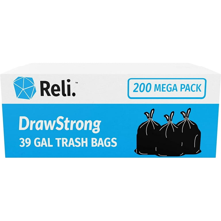 Reli. 39 Gallon Trash Bags Drawstring (200 Bags) Large 39 Gallon Heavy Duty  Drawstring Trash Bags (Black) 