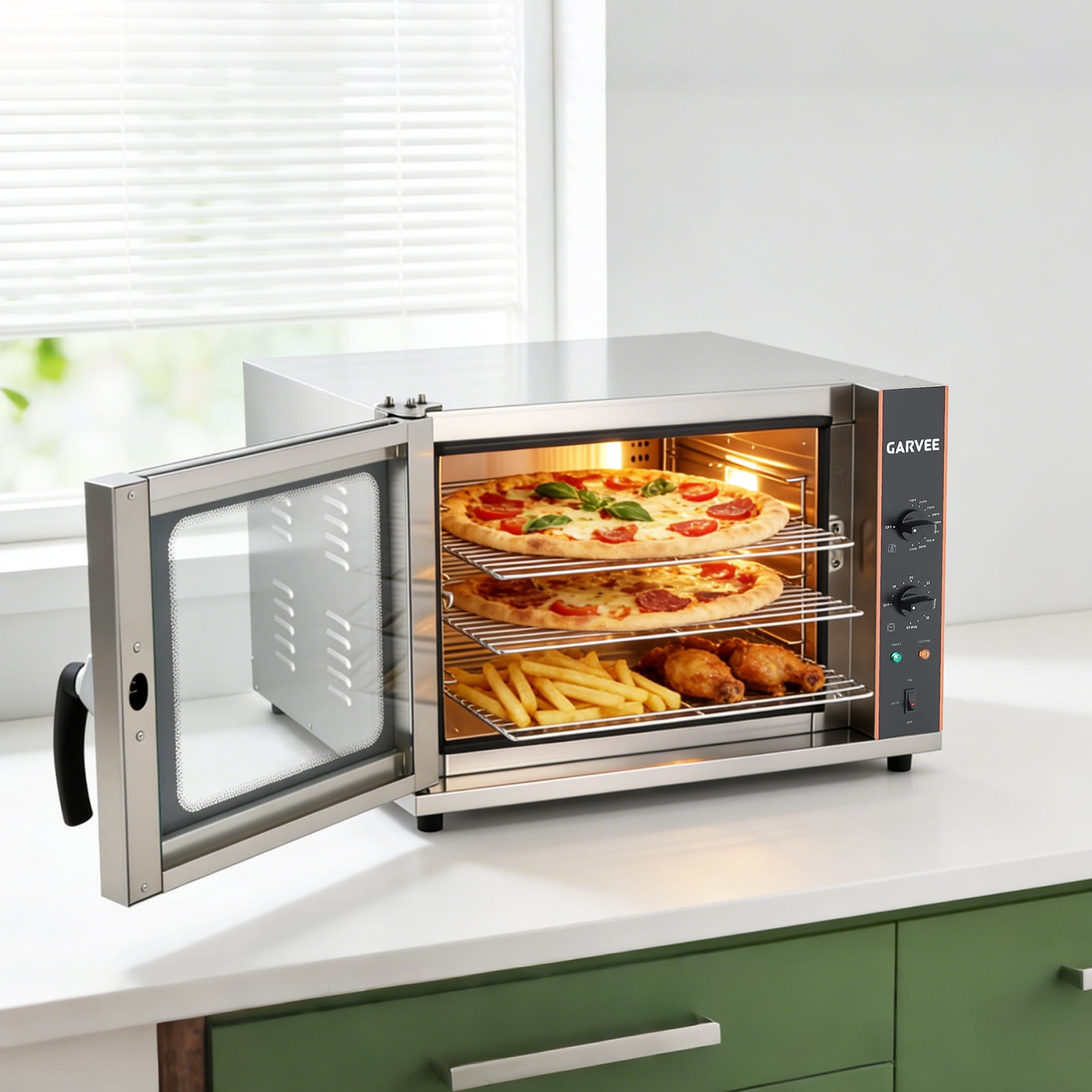 60Qt Commercial Countertop Convection Oven – 4-Tier Toaster, Air Fryer Combo, Front Glass Door, 2400W, 4 Trays & Wire Racks, Kitchen Appliance – 2.3 cu ft, Half-Size, US Plug 1.5m, Temp 30°C-300°C
