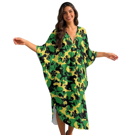 Xixirimido Jamaican Patriotic Camo Print Womens Plus Size Kaftan Dress V Neck Batwing Sleeve Beach Cover Up Swimsuit Coverups Summer Lounge Caftan Dress