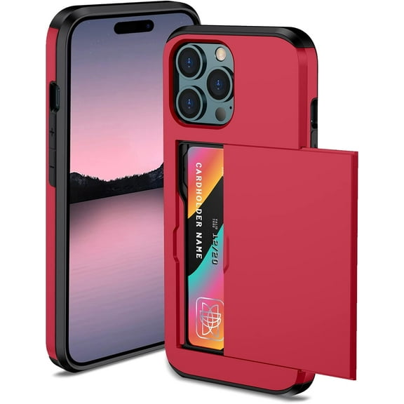 Designed for iPhone 14 Pro Wallet Case with Credit Card Holders Slots Dual Layer Shockproof Hard PC Soft TPU Slide Flip Protective Cover Case for iPhone 14 Pro 6.1 Inch (2022)-Red