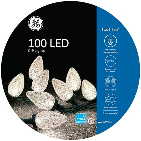 GE StayBright 100-Count 49.5-ft Constant Warm White C9 LED Plug-In Indoor/Outdoor Christmas String Lights ENERGY