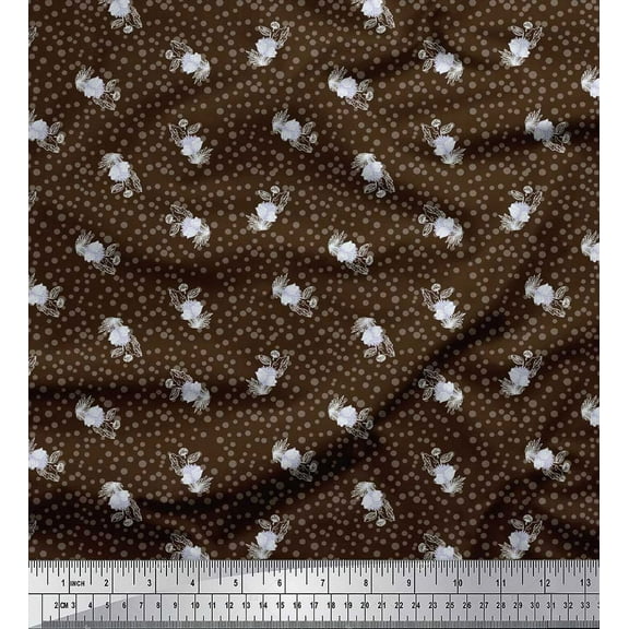 Soimoi Brown Cotton Voile Fabric Artistic Flower & Dots Print Fabric by Yard 42 Inch Wide