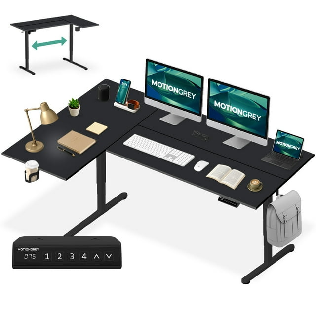 MotionGrey Bureau Debout Électrique en Forme de L Réversible Ergo Pro, 4 Réglages de Mémoire, Dessus Noir 59 Pouces x 39 Pouces Cadre Noir, Bureau Ergonomique pour Bureau à Domicile avec Tapis de Souris, Porte-Gobelet et Crochets