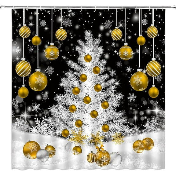 Christmas Shower Curtain Xmas Tree Gold Balls Snowflake Winter Holiday Fantasy New Year Fabric Bathroom Decor Curtains with Hooks,Gold Black White