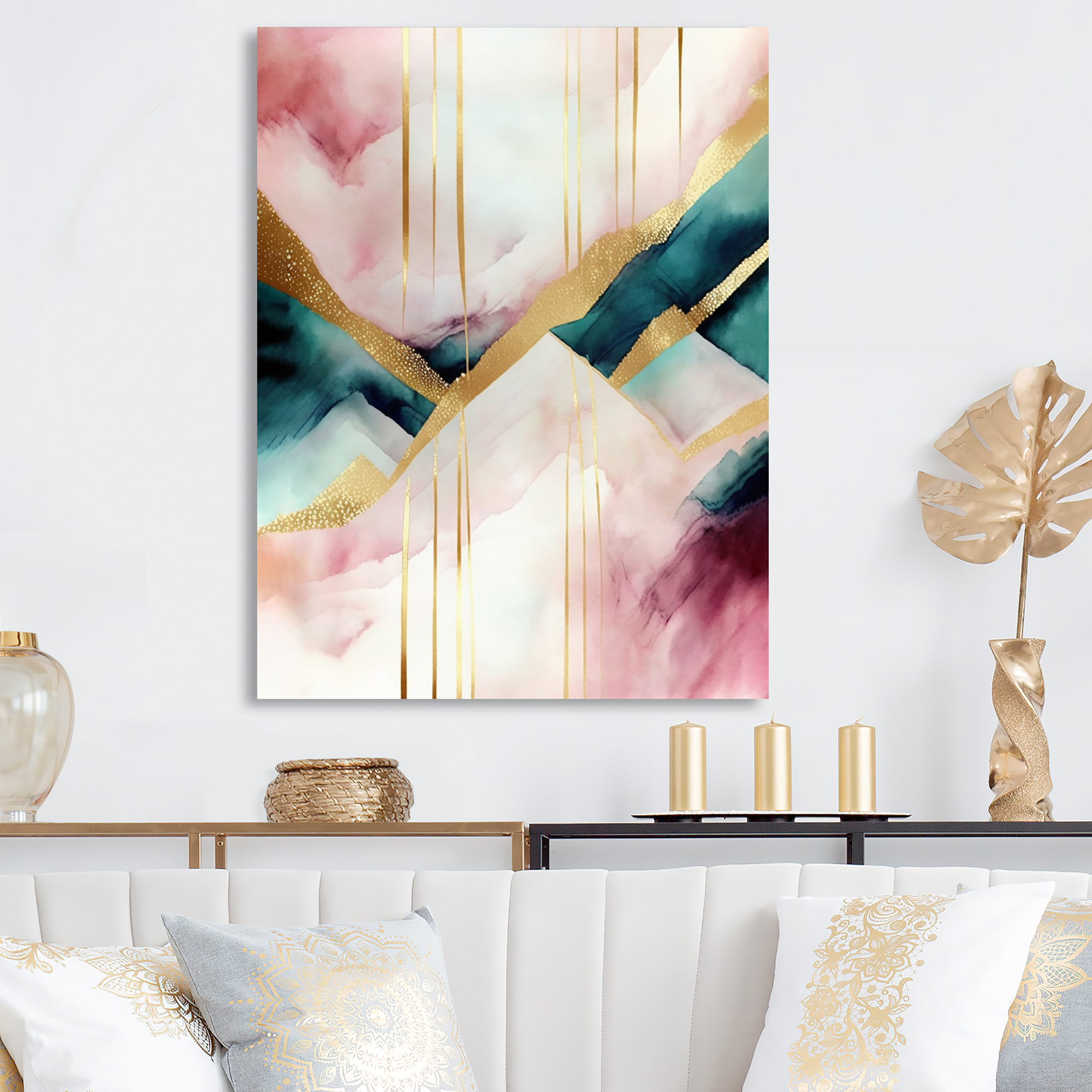 Designart Abstract Geode Geometric Pink And Green II Canvas Wall Art