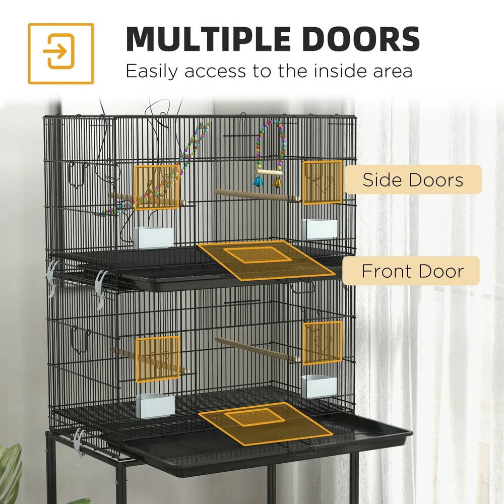 Spaco Double Stackable Bird Cage on Wheels w/ Stand, Bird Cage for Canaries, Black