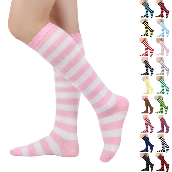 Knee High Striped Socks for Women - Long Thin Tube Sports Thigh High Socks Tall Stockings Pink