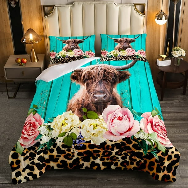 Highland Cow Bedding Set Leopard Floral Comforter Set for Kids Boys