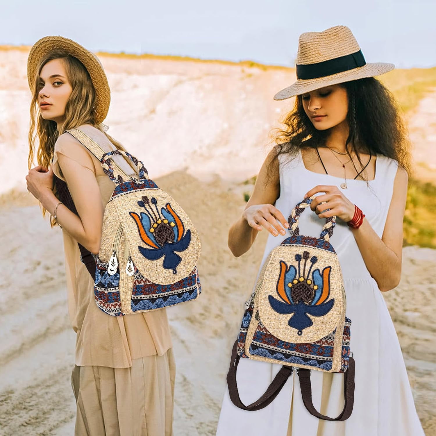 Backpack for Women, Boho Crossbody Sling Bags for Women with Cute Hand-woven Pattern Mini and Small Backpack (Flower)