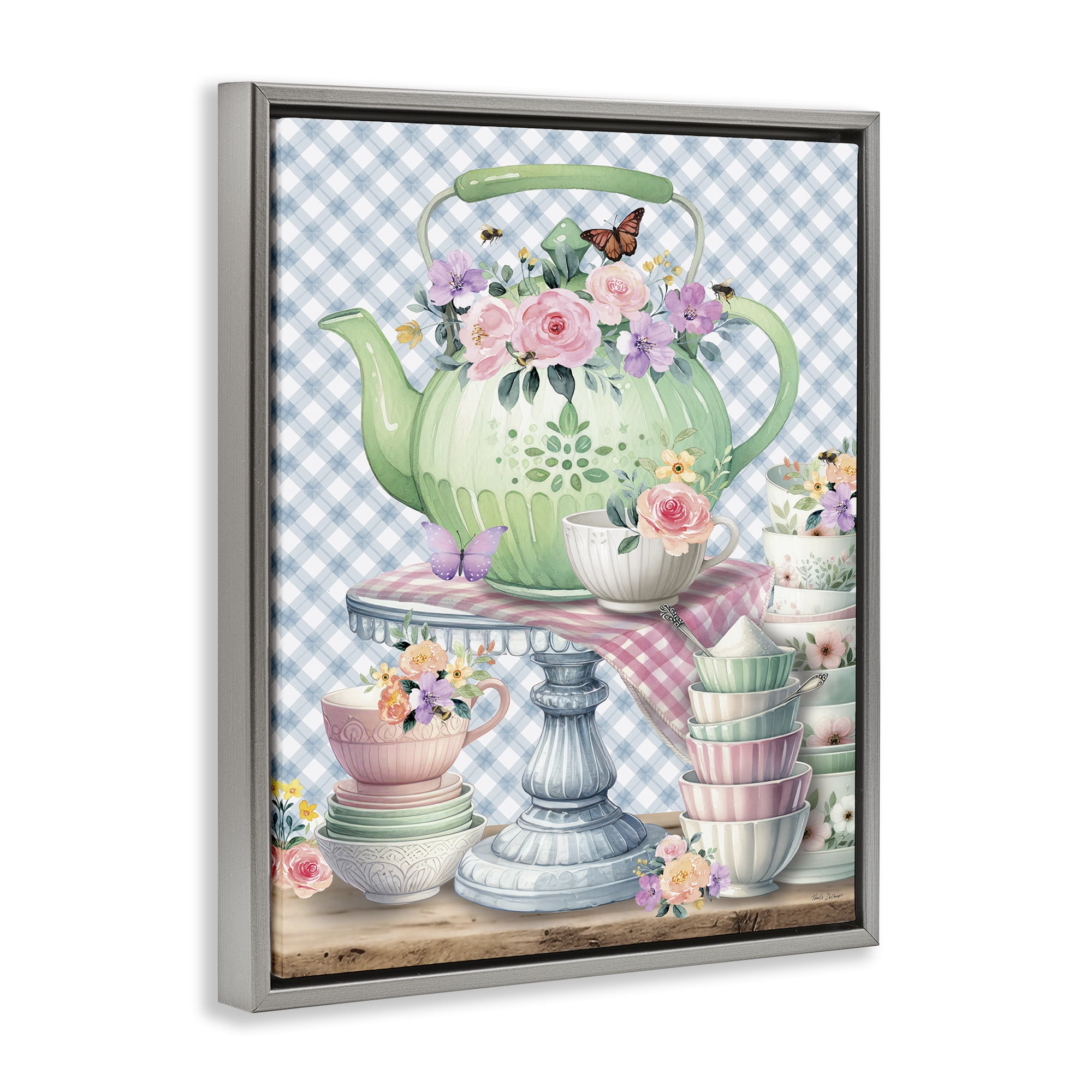 Stupell Industries Tea Kettle on Gingham Food & Beverage Painting Gray Floater Framed Canvas Art Print Wall Art, 17 x 21