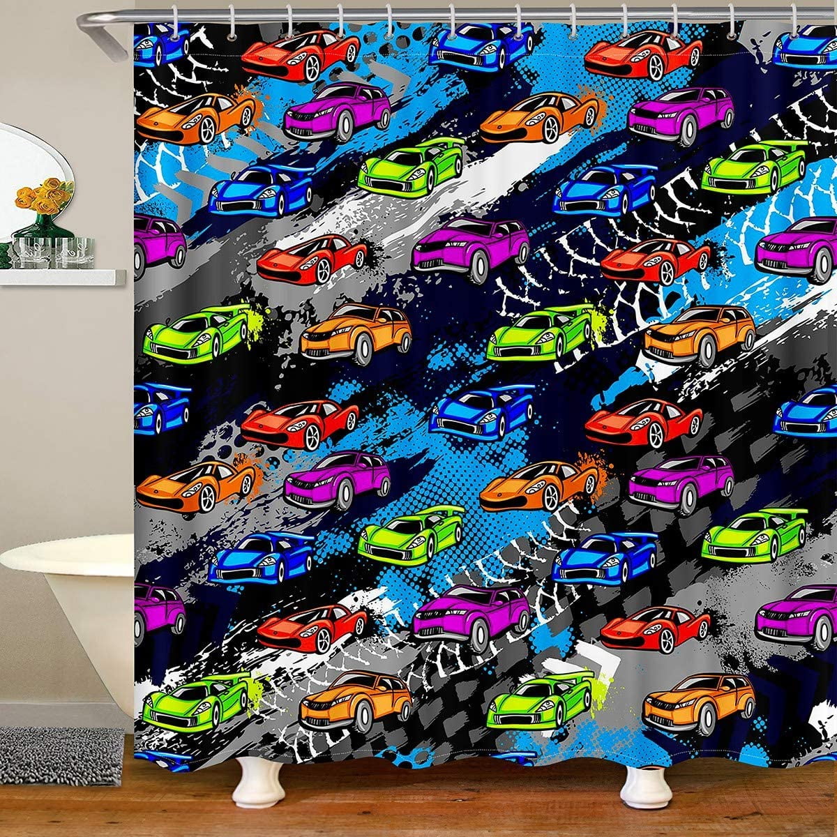 SPXUBZ Kids Race Car Fabric Bathroom Shower Curtain Cartoon Speed