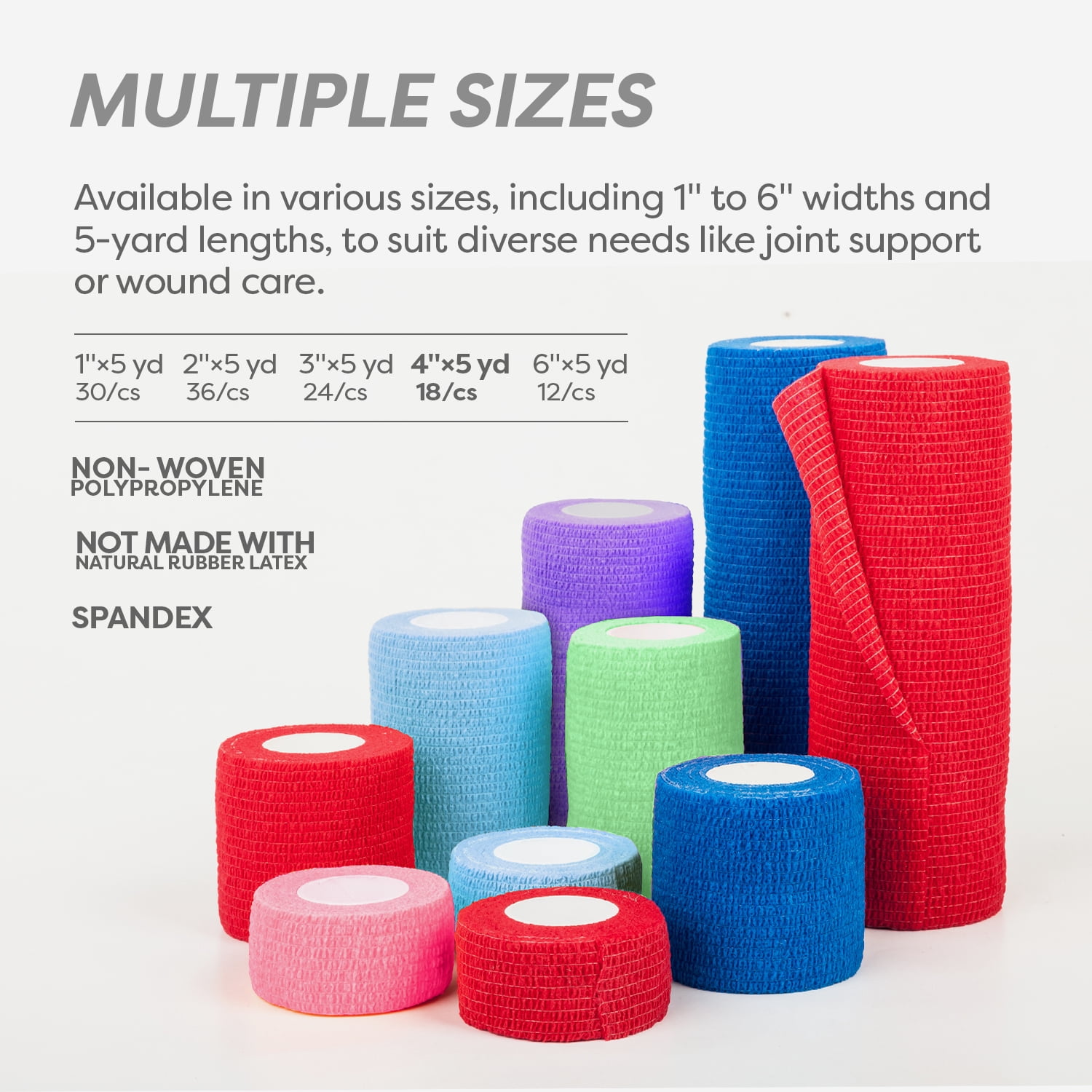 Dynarex Sensi-Wrap Self-Adhesive Bandages, 18-Pack, 4" x 5 yards, Assorted Colors, Latex-Free, Colored Elastic Cohesive Athletic Tape, Tattoo Grip & Vet Wrap