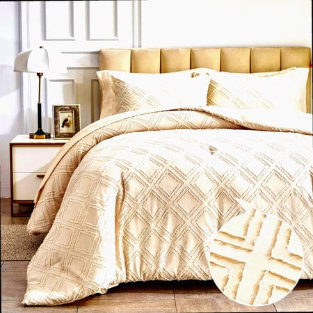 Chic Diamond Jacquard Tufted 7-Piece Queen Comforter Set - Beige Embroidered Boho Luxury Bedding