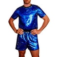thumbnail image 4 of Men's Reversible Sequin Two Piece Short Sleeve Shirt Shorts Outfit Casual Parties Special Events With Sparkling Design Blue XL, 4 of 5