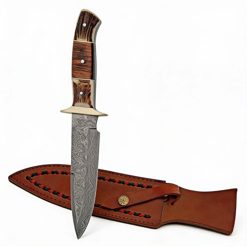 SZCO 13-Inch Frontier Edition Damascus Steel Fixed-Blade Knife – Hand-Forged 8-Inch Blade with Authentic Stag and Wood Handle – Includes Premium Leather Sheath