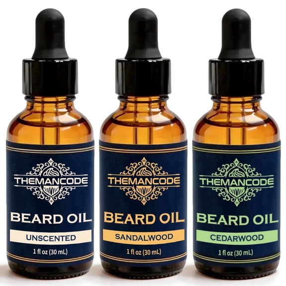THEMANCODE Beard Oil Set for Men, 3 Pack, Softens and Conditions Beards, Non-Greasy, Unscented, Sandalwood and Cedarwood, Father's Day Gift for Dad, 1 fl oz Each