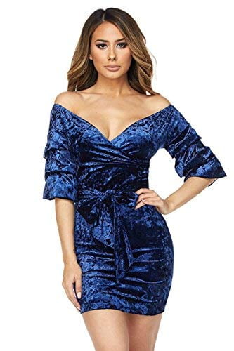 blue velvet off the shoulder dress