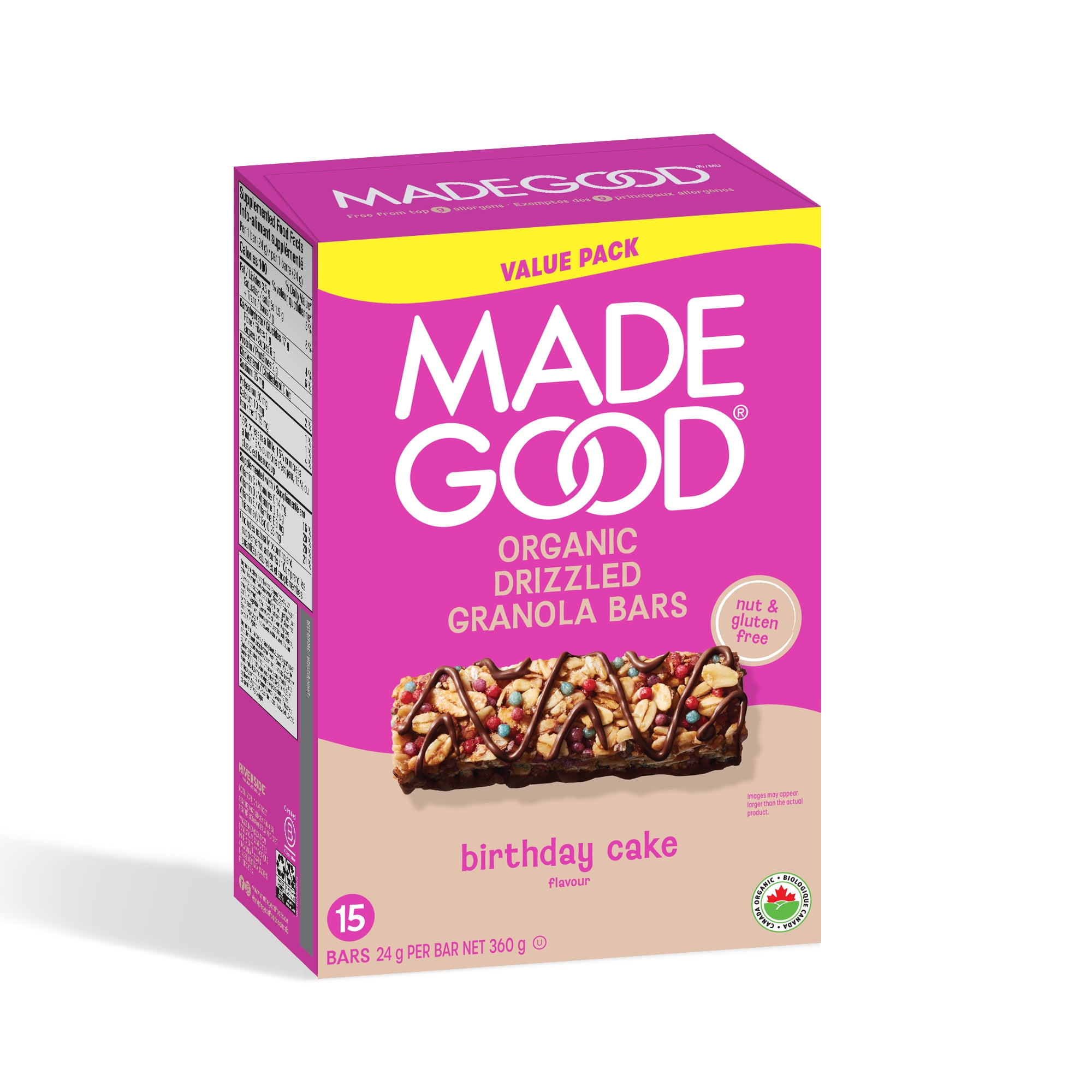 Barres granola avec filet de chocolat Gâteau d’anniversaire MadeGood, boîte de 15 barres MG Birthday Cake Granola Bars VP