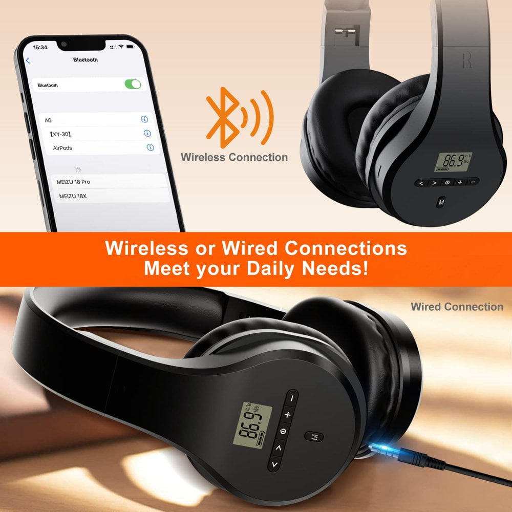 SUGARMOM Portable Rechargeable FM Radio Headphones Bluetooth Earmuffs Transistor Radios with Best Reception Wireless Radio Headset Built-in Mic TF Card. Walkman Radio for Mowing Jogging