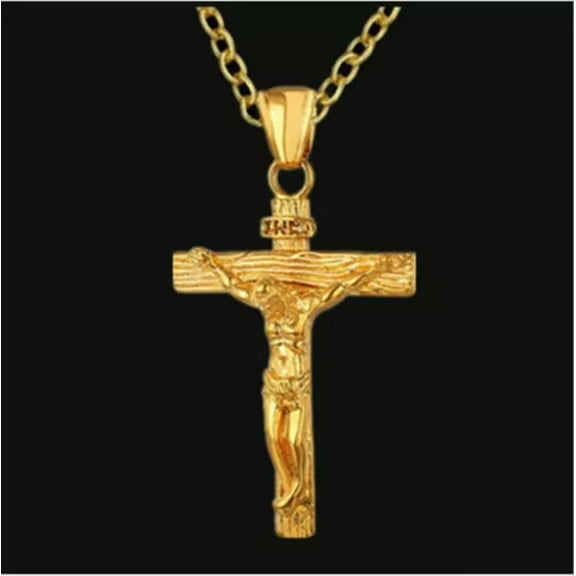 HOOUN Mens Women Chain Necklace Cross Stainless Steel Pendant Crucifix Jesus UK-Gold