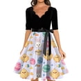 thumbnail image 5 of LWavelet Women's 3/4 Sleeve Scalloped Neck Fit-and-Flare Dress, Bunny & Easter Egg Basket Print with Satin Bow Belt for Easter & Party Outfits Purple Pink L, 5 of 5