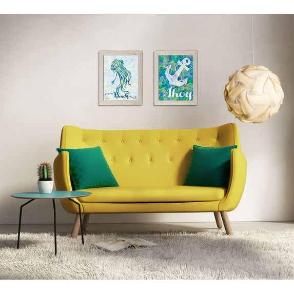 Gango Home Decor Coastal Anchor & Jellyfish Wall Art; Two Blue 12x16in Art Prints in Distressed White Frames
