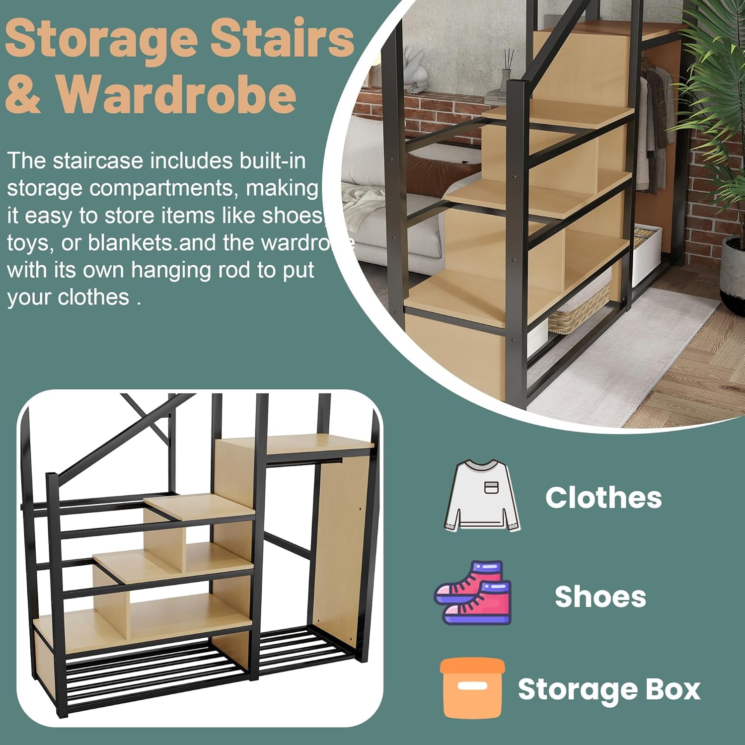 Mirightone Queen Heavy Duty Metal Loft Bed with Stairs, 800 lb Capacity, Storage Shelves and Wardrobe, Black