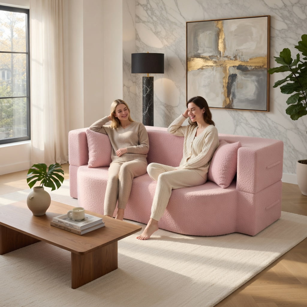 Hommoo 75.5" 2-in-1 Folding Sofa Bed, Plush Teddy Fleece Convertible Loveseat with Removable Washable Covers & 2 Ergonomic Pillows, Pink