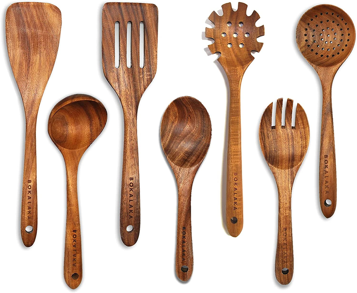 BOKALAKA Wooden Spoons for Cooking, Wooden Utensils for Cooking 7 Pcs Natural Teak Wooden Kitchen Utensils Set  Wooden Cooking Utensils