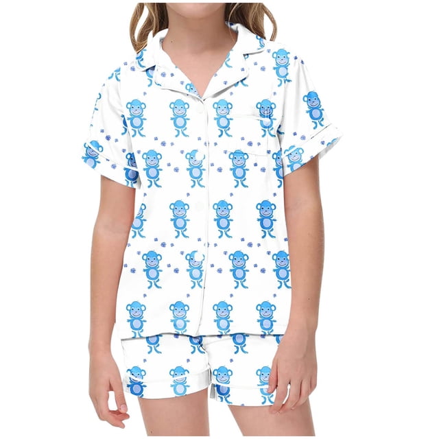 Odeerbi 2-12 Años Niños Niñas Pijamas de Verano de Satén Con Solapa de Muesca Camisas de Manga Corta Pantalones Cortos Conjunto de Pijama de Seda Con Estampado Suave