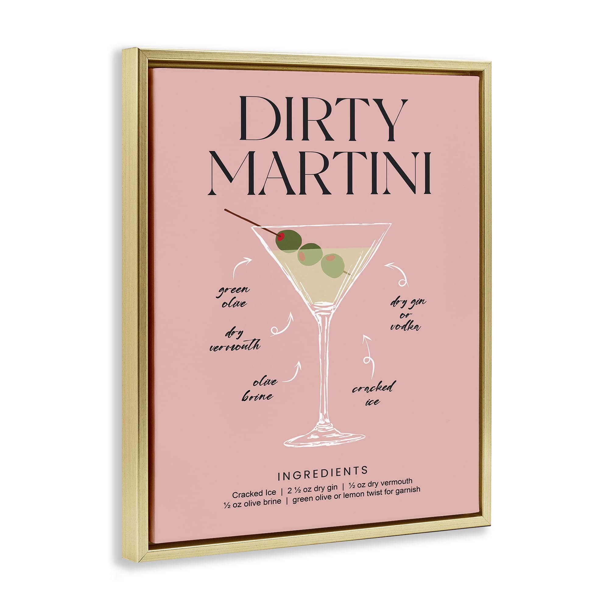 Stupell Industries Dirty Martini Pink Recipe Gold Framed Floater Canvas Wall Art, design by Lettered and Lined