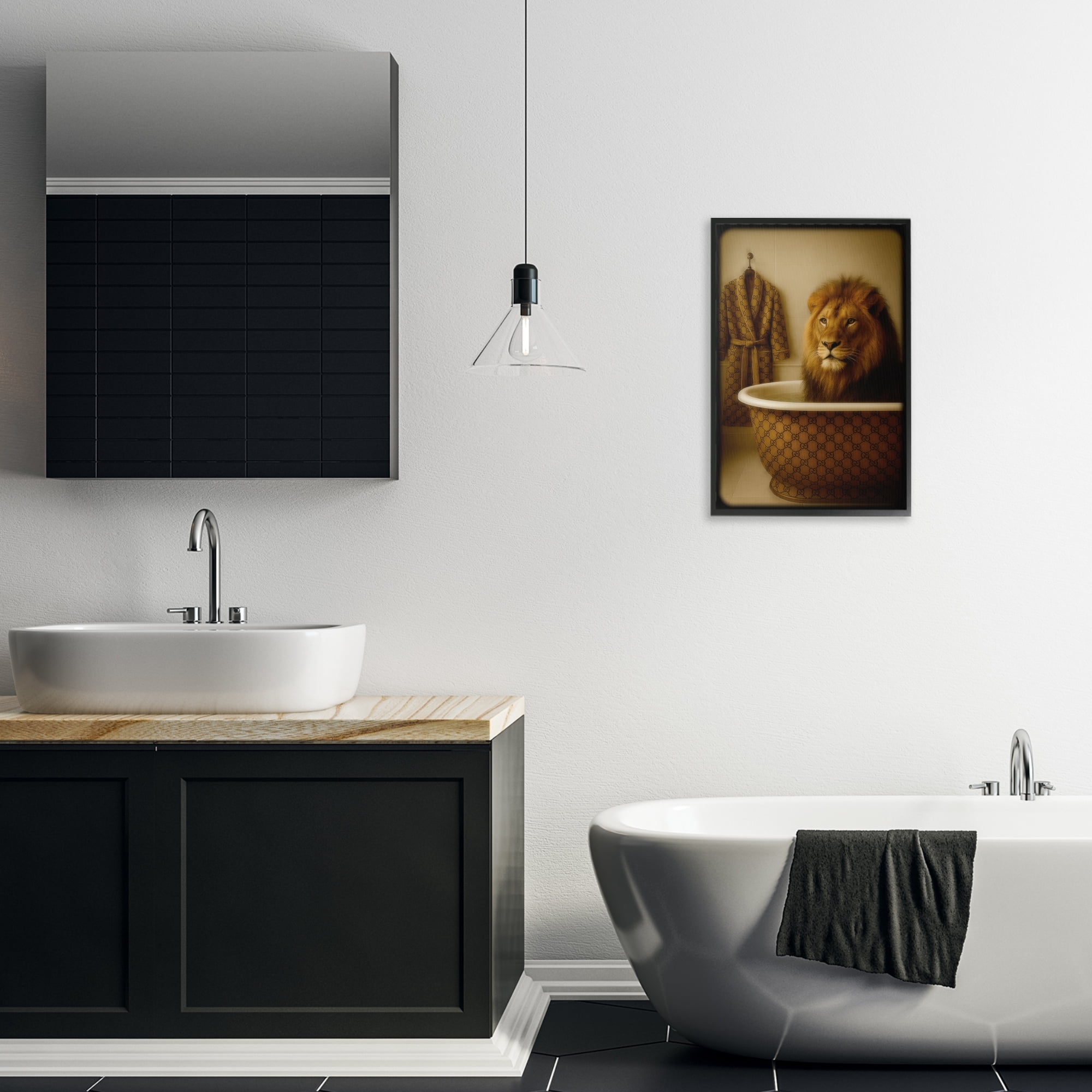 Stupell Industries Couture Lion in Luxury Tub Black Framed Giclee Art, design by Grotto Studios