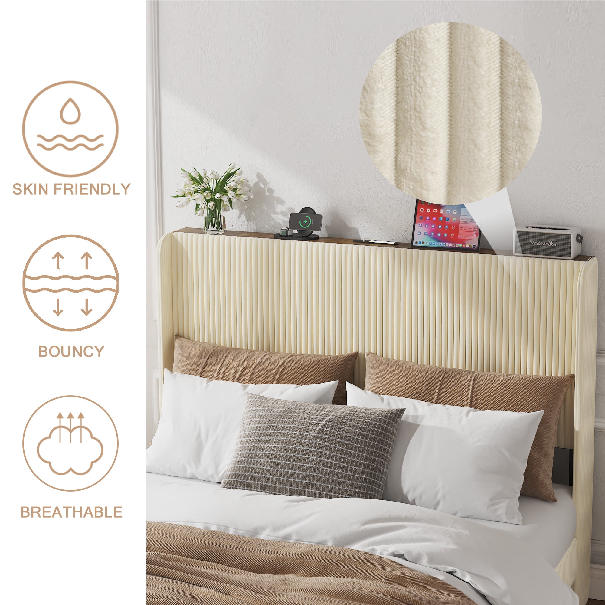 Modern Classic Queen Size Bed Frame with Charging Station,Sturdy Metal Construction,Noise-Free Design,Easy Assembly,No Box Spring Needed for Bedroom,Dorm,Apartment House,Beige