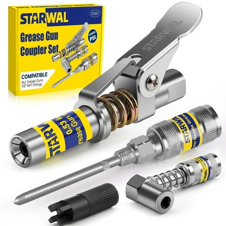 STARWAL Grease Gun Coupler Set, 0.53" Grease Tips with 90° Adaptor & Cleaning Tools, 12000 PSI, Dual-Gear Labor-Saving Design, Compatible with All 1/8" NPT Grease Guns