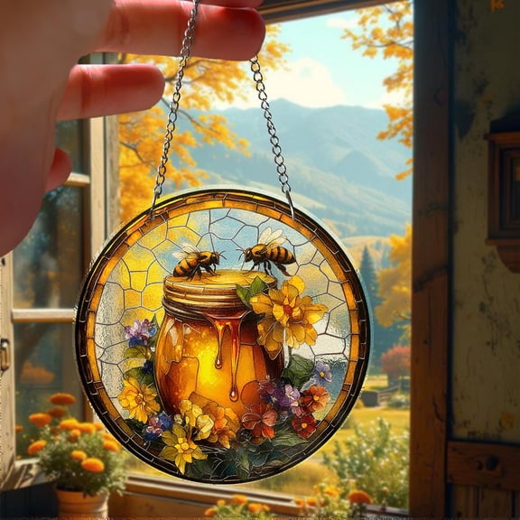 STAINED GLASS Honey Jar Suncatcher With Bees & Flowers – Vibrant Window Hanging, Bee Lover Gift, Cottagecore Decor Home Decor