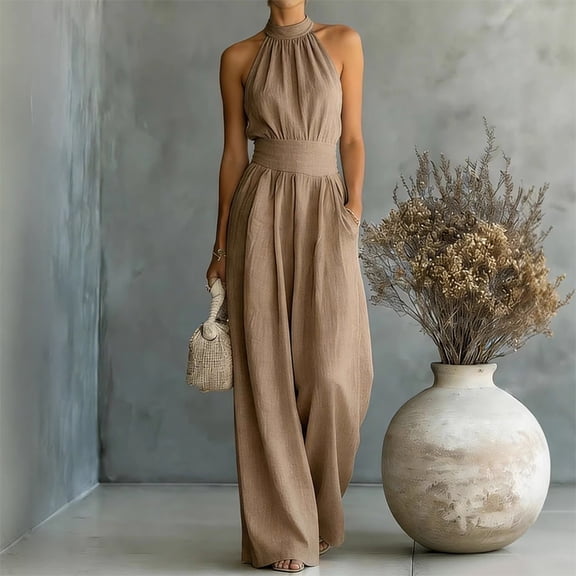 Morttic Women's Sleeveless Wide Leg Jumpsuit – High Waist Pleated with Side Pockets, Beach Vacation & Daily Casual Wear Brown,S