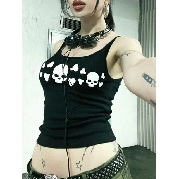 Diconna Women Goth Tank Tops Vintage Skull Print Backless Low Cut