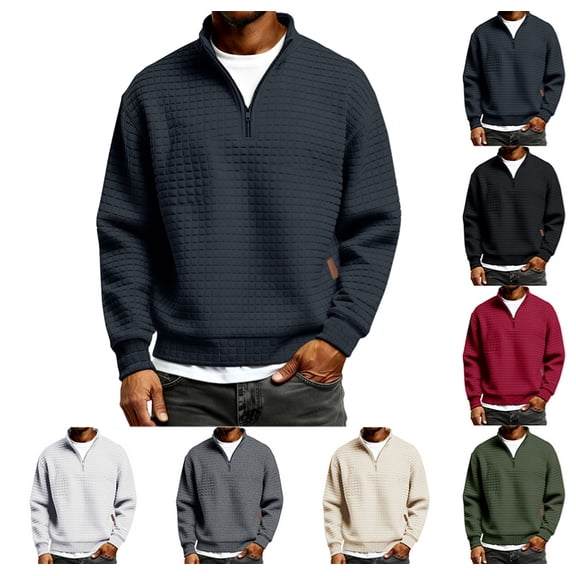 Men's Quarter Zip Pullover Quilted Sweater Long Sleeve Mock Neck with Pocket,Navy XXL