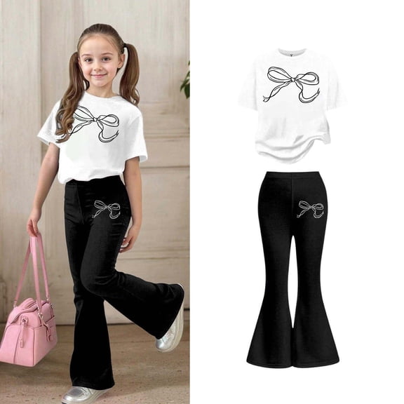 2 Piece Sets for Girls Short Sleeve Bow T-Shirt Top and Flared Pants Sets Girls Spring Outfits Size 5-6 Years Girls Clothes