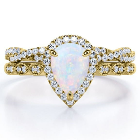 JeenMata Art Deco Filigree Milgrain - 1.5 Carat Almond Shaped Rainbow Opal and Moissanite - Halo Pave Crossover Wedding Set - 18K Yellow Gold Plating over Silver