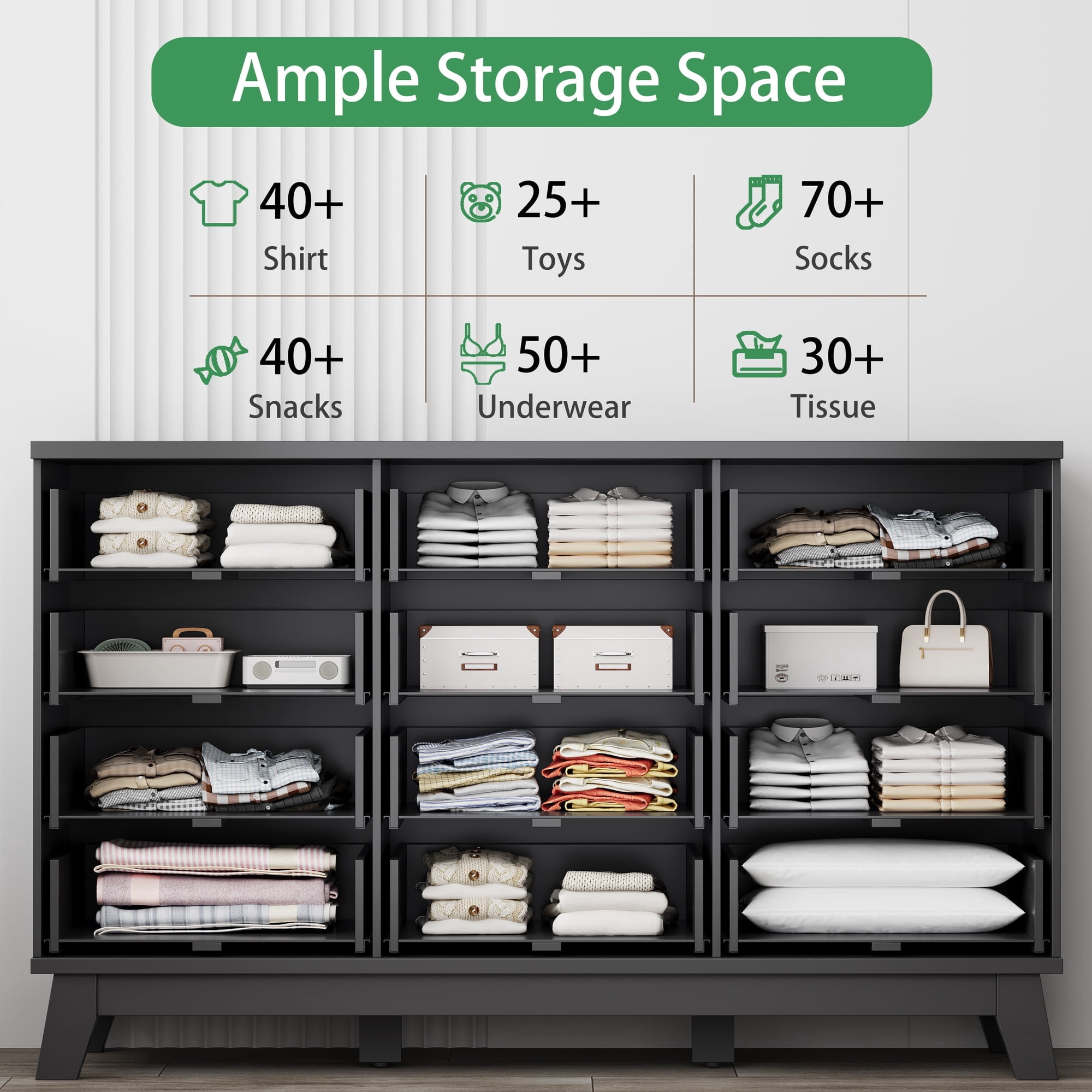 FANRAL 12 Drawers Dresser Fluted Dresser for Bedroom,Wooden Chest of Drawers Modern Dresser for Closet,Black Dresser