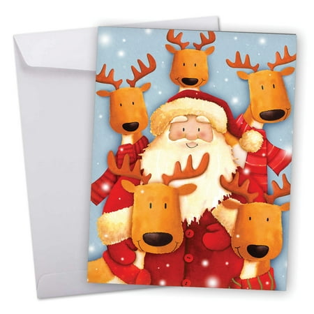 J6738IXSG Jumbo Merry Christmas Card: 'Santa Selfies' Featuring Santa and His North Pole Reindeer Friends in a Selfie Greeting Card with Envelope by The Best Card
