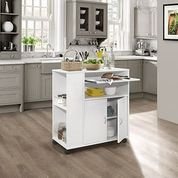 Kings Brand Furniture - Kitchen Island Rolling Cart on Wheels with Storage Cabinet, White